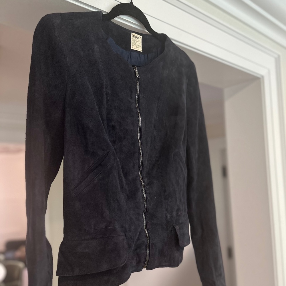 L'Agence Navy Blue Suede Zip Jacket - Size M - Picture 3 of 13
